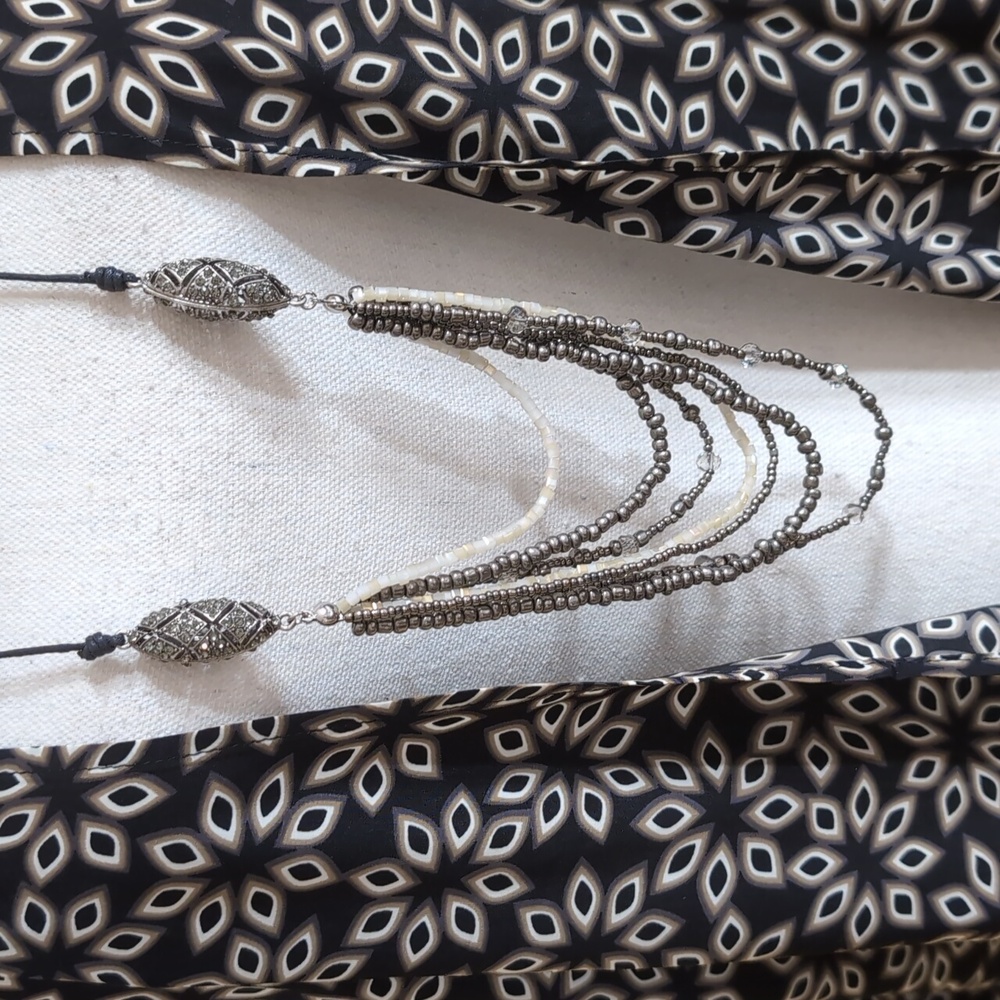 J. JILL Elegant Silver Black & Cream Beaded Layered Necklace Adjustable Cord NWT